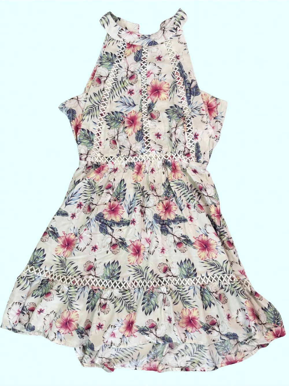 Cream Floral Halter Sundress with Pink & Green Print
